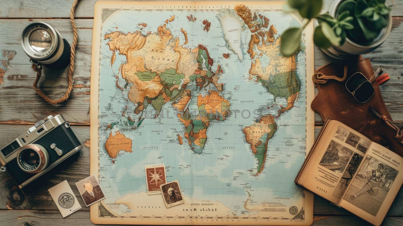 An intricate map of the world is elegantly displayed on a wooden table. The intricate patterns and font create a beautiful piece of art AIG50