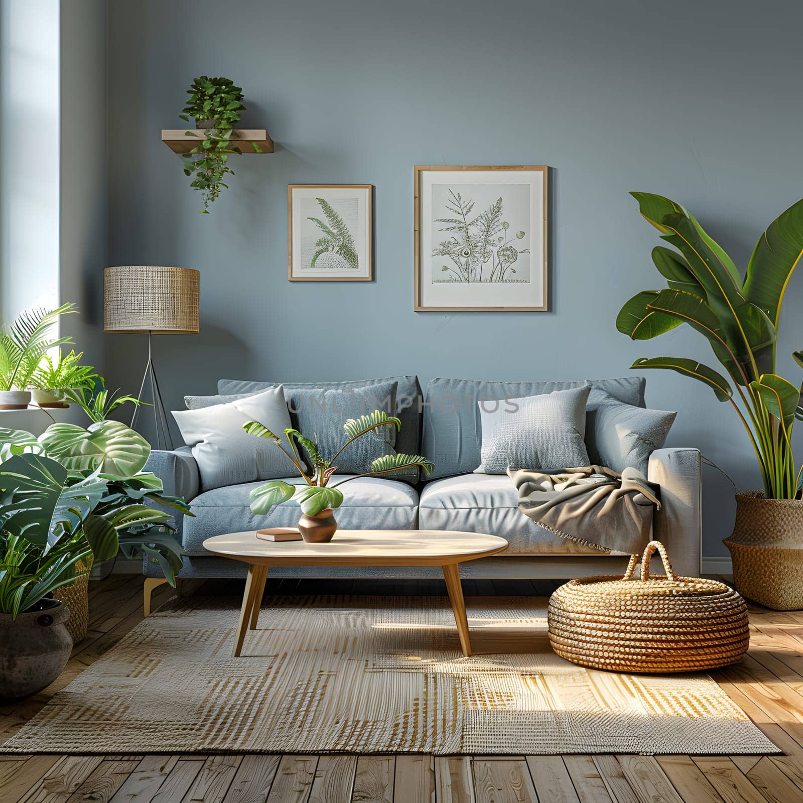 A living room with a cozy couch, coffee table, and vibrant plants. The interior design combines comfort with natural elements to create a welcoming space