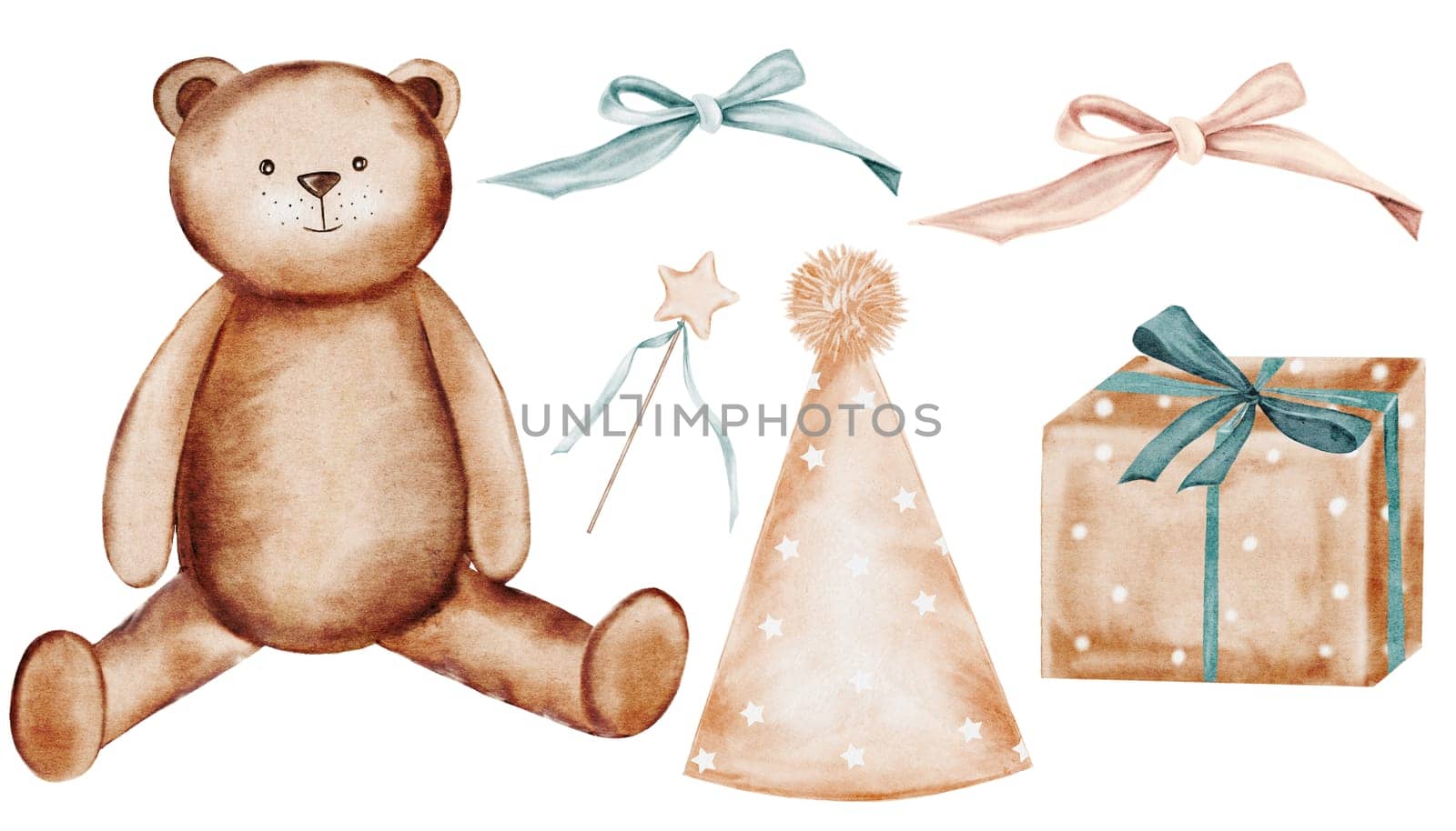 Teddy bear watercolor set. Cute hand drawn drawings of a plush animal with a pink and blue bow, a magic wand, a party hat and a gift box. Clip art on isolated white background. Ideal for baby shower and birthday cards and invitations, tags and logos for children's clothing stores. High quality illustration