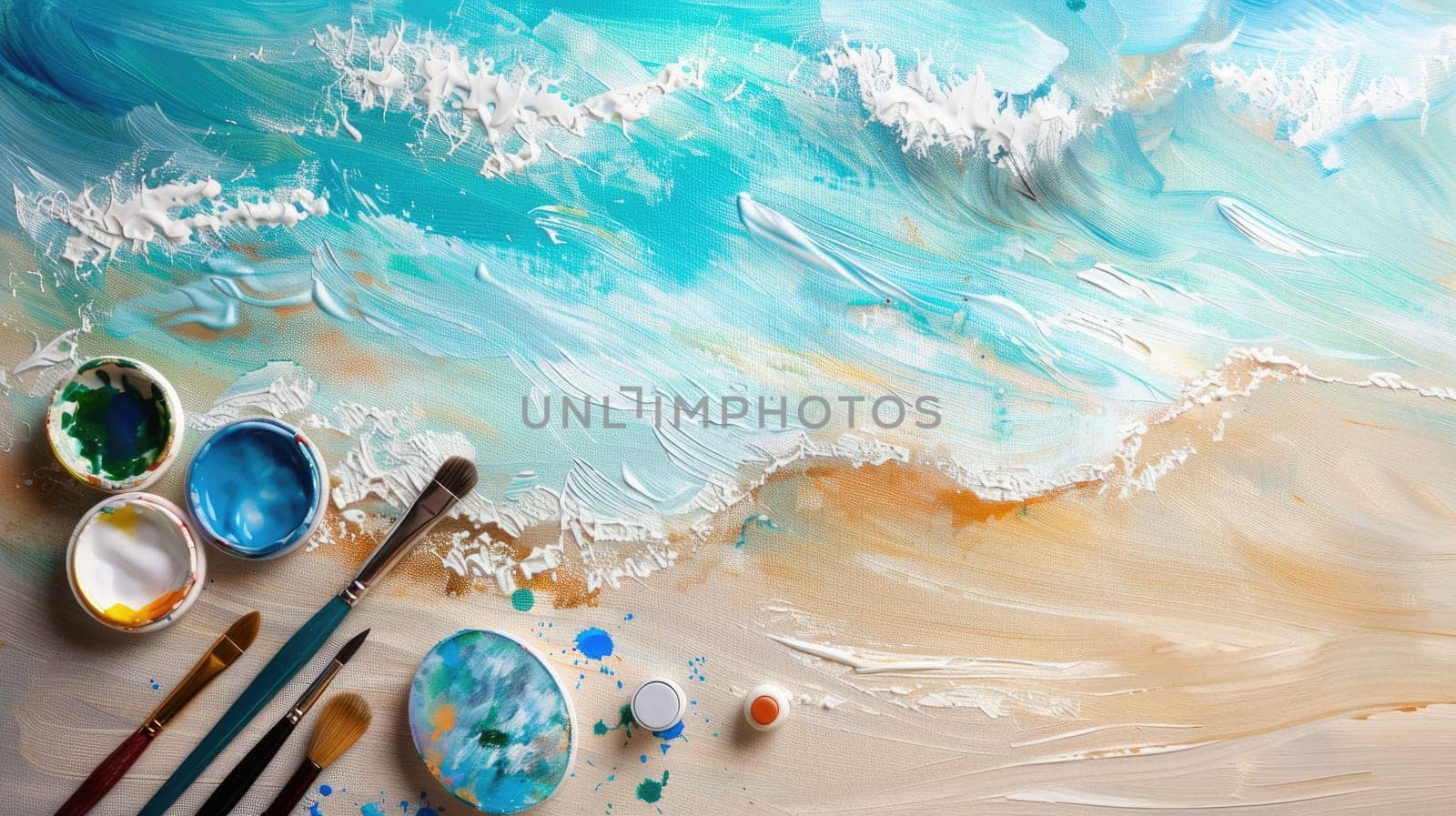 An art painting of a serene beach scene is placed on a wooden table. Brushes and paint are scattered nearby. The painting captures the beautiful sky and water AIG50