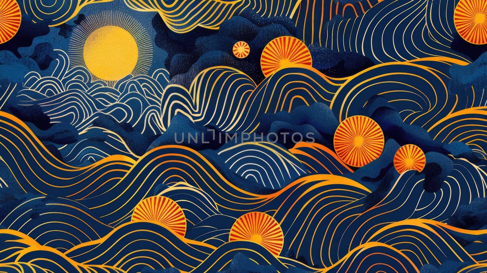 Textile sleeve featuring an intricate pattern of suns, moons, and swirls on a black background. The design incorporates elements of organisms, plants, and art in electric blue, aqua, and symmetry AIG50