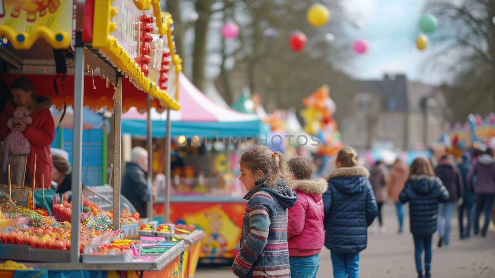 A crowd of people in jeans leisurely walks down a city street, enjoying the fun-filled carnival event happening along the road. AIG41