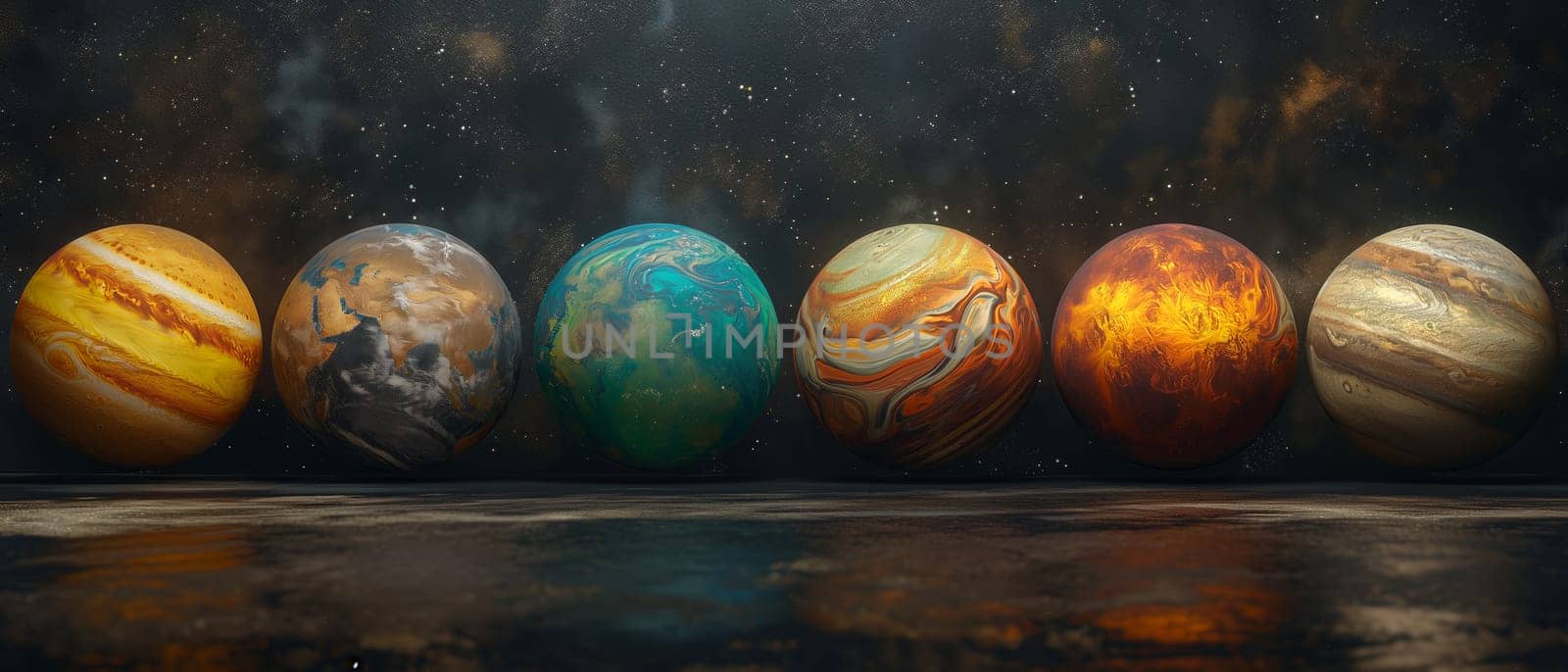 Multiple planets lined up on a table.