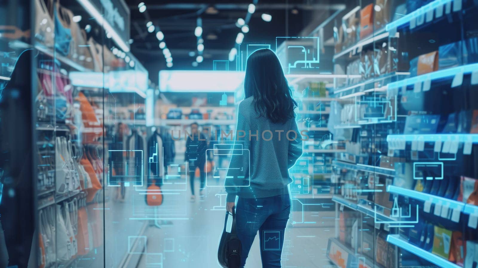 Skilled people using VR headset to connect in metaverse shopping mall and choosing product. Smart people walking in simulated shopping center while using visual reality goggles. Innovation. AIG42.