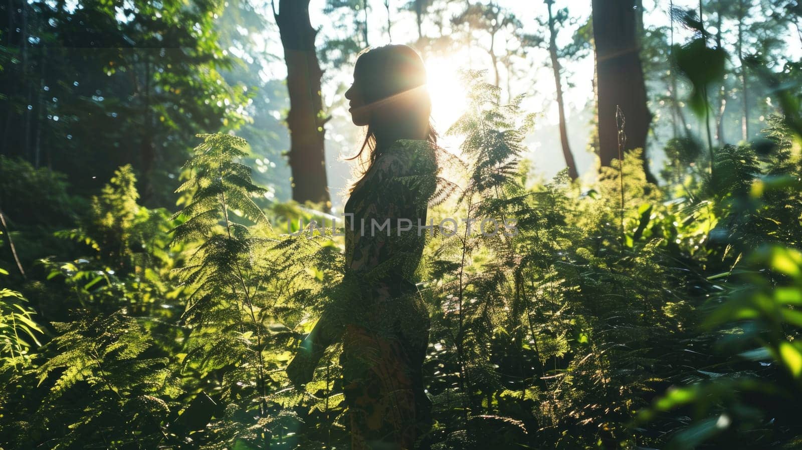 The picture of the young or adult female human doing the standing pose for relaxation or meditating the mind in the middle of the nature under bright sun in the daytime of a dawn or dusk day. AIGX03.