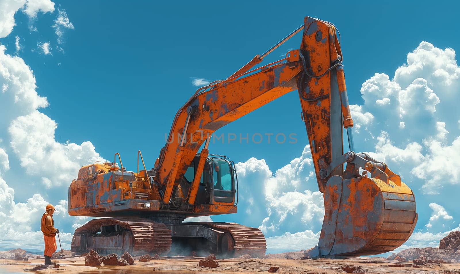 A man standing next to an orange excavator at a construction site.