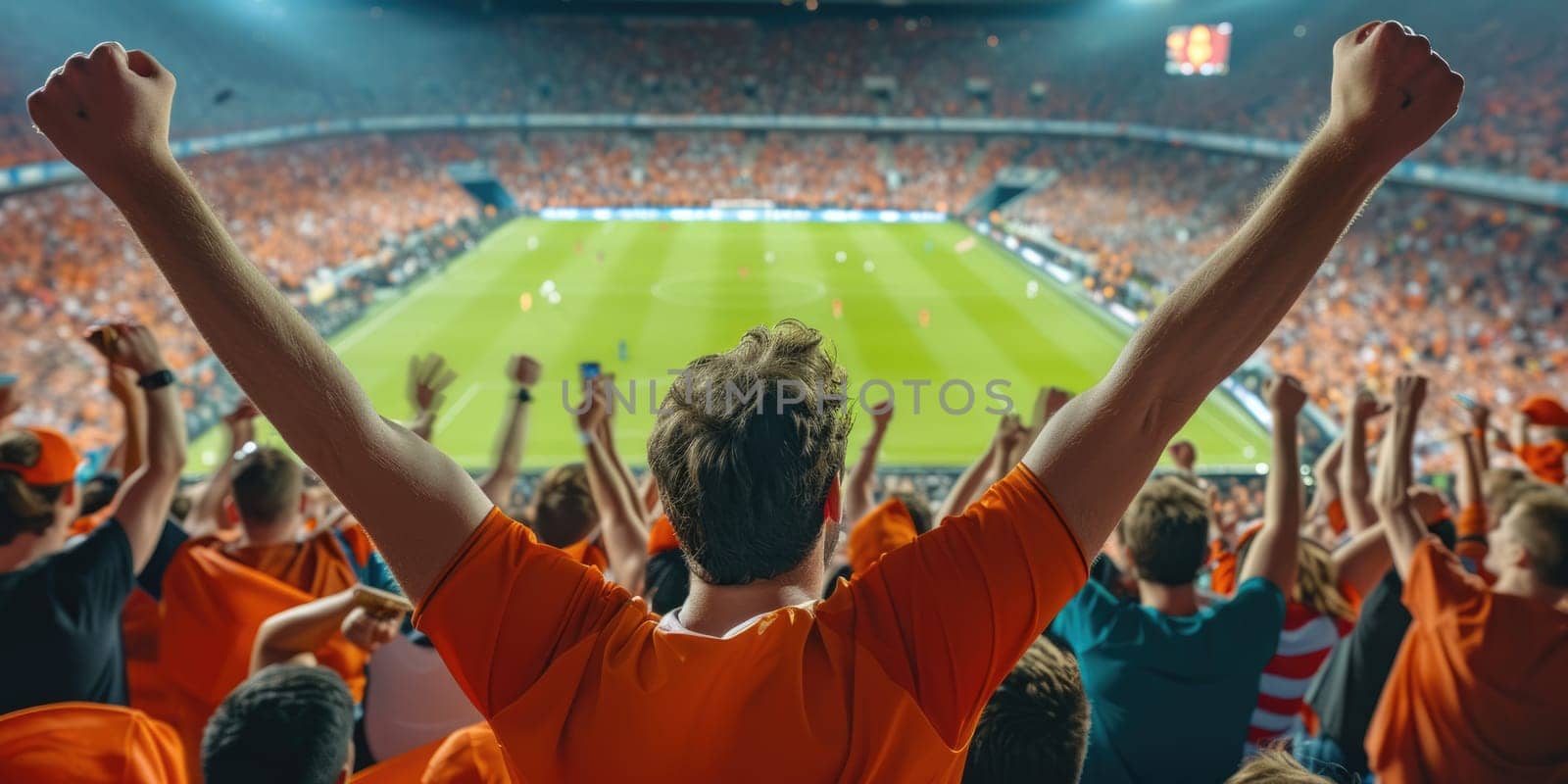 Fans at a World Soccer competition event cheer on their favorite players, raising their arms in jubilation, creating a lively crowd on the grass field. AIG41