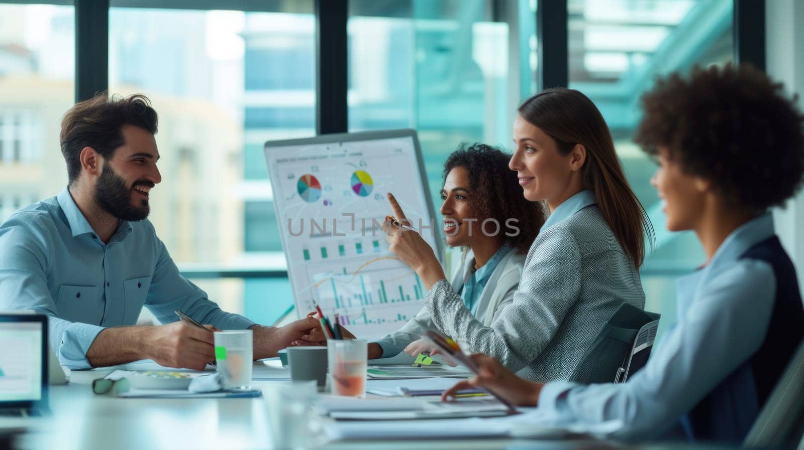 A group of business people is meeting in an office, sitting around a table in a room, sharing ideas and discussing plans. AIG41