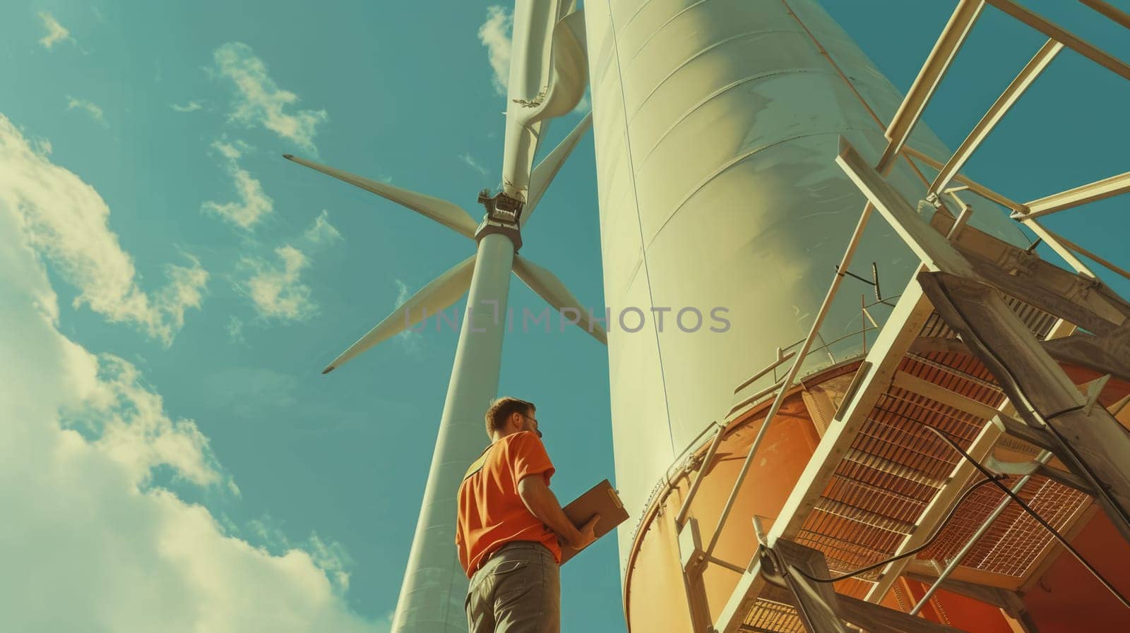 Electrical engineer working and looking at wind mill while wearing safety helmet and inspecting sustainable energy. Electrical technician checking or maintenance eco wind mill with blue sky. AIG42.