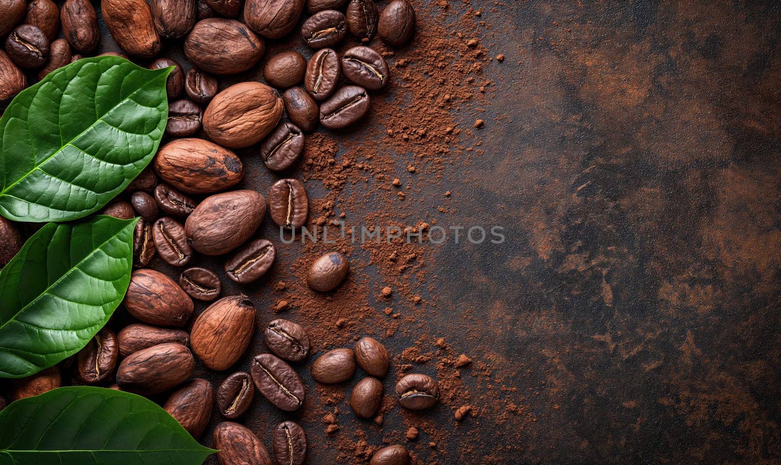 Coffee beans and green leaves arranged on a dark surface.