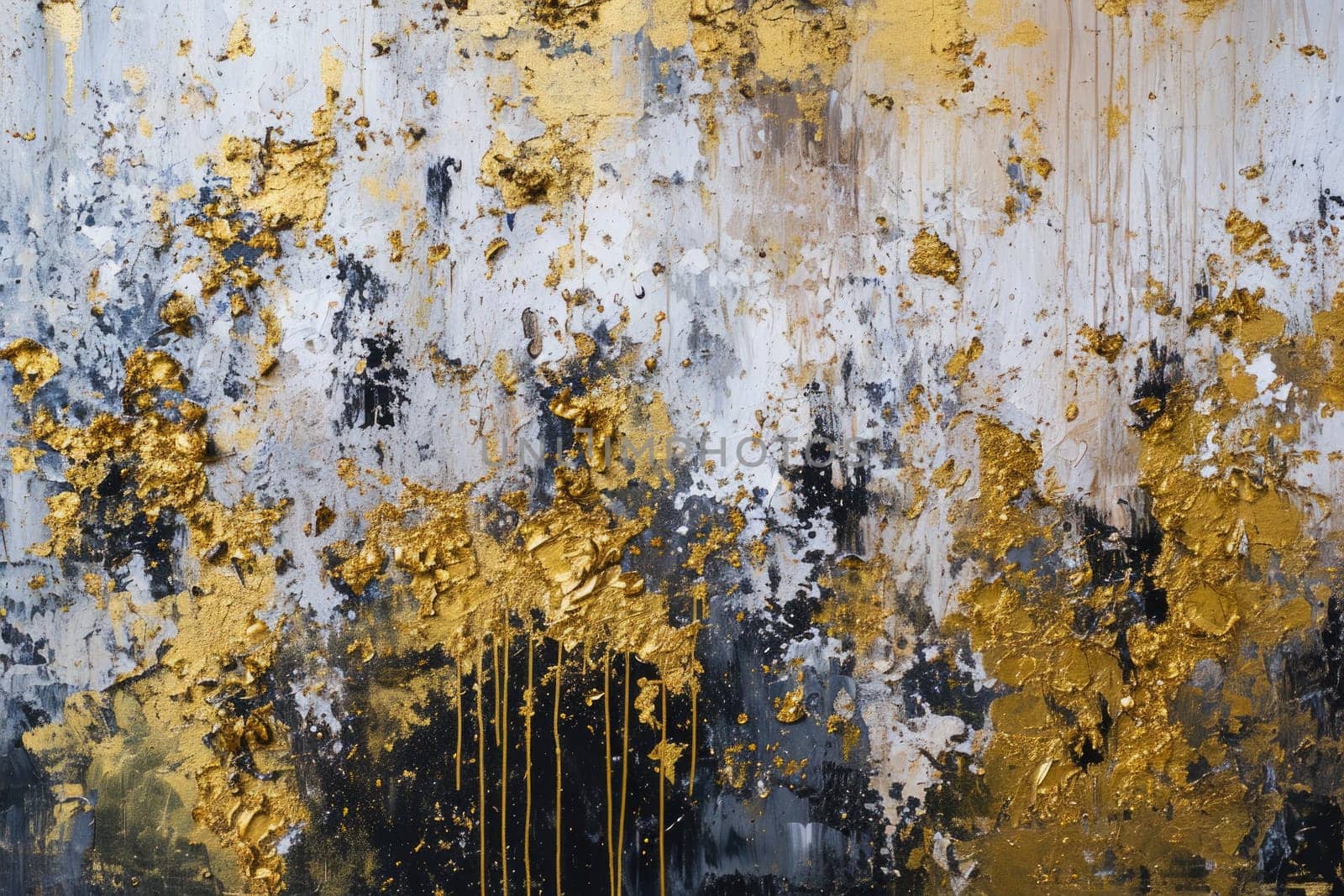 The abstract picture of the gold, grey and black colour that has been painted or splashed on the white blank background wallpaper to form random shape that cannot be describe yet beautiful. AIGX01.