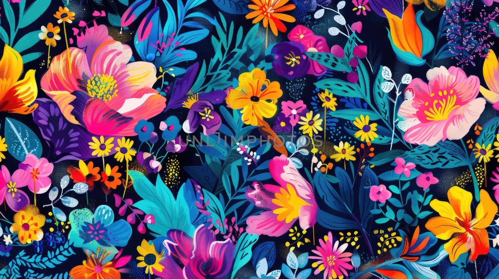 An artistic representation of plants and flowers on a vibrant electric blue background, showcasing a blend of magenta petals and green leaves creating a mesmerizing natural landscape AIG50