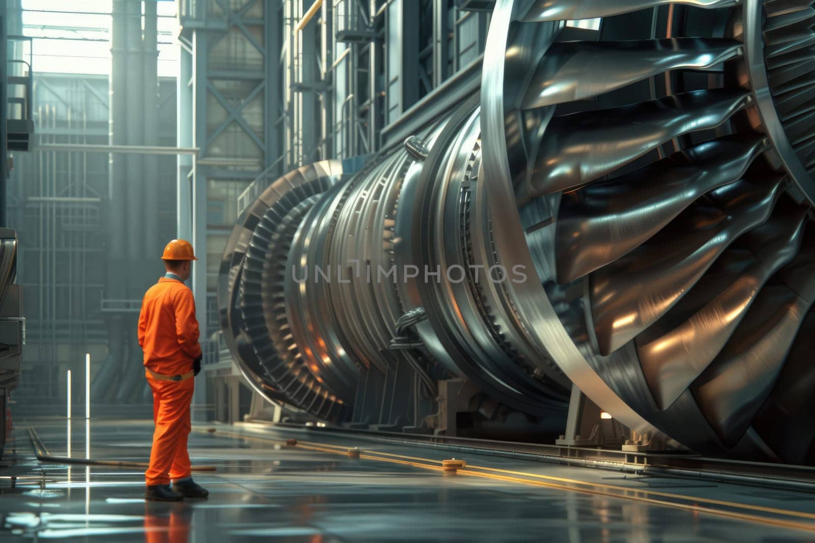 Smart engineer checking iron machine in factory while wearing safety helmet. Professional industrial worker repairing or examining machinery part or turbine machine while holding chart form. AIG42.