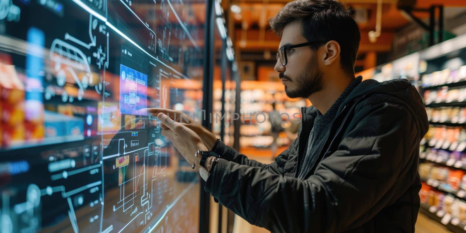 Skilled people using VR headset to connect in metaverse shopping mall and choosing product. Smart people walking in simulated shopping center while using visual reality goggles. Innovation. AIG42.