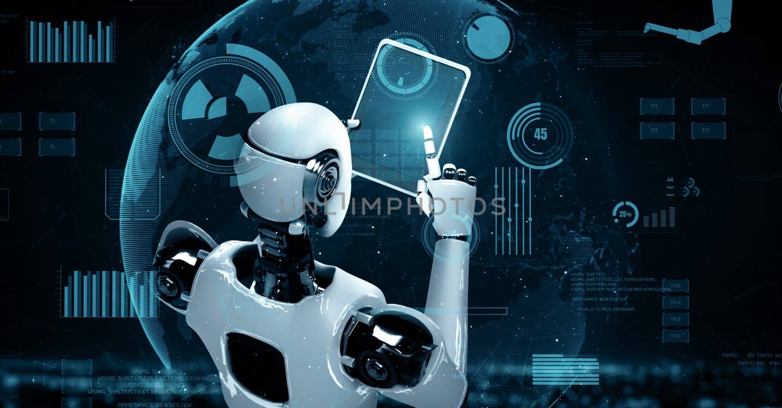 MLP 3d illustration Futuristic robot artificial intelligence huminoid AI for industrial factory technology development and machine learning concept. robotic bionic science research for future of human life. 3D rendering.