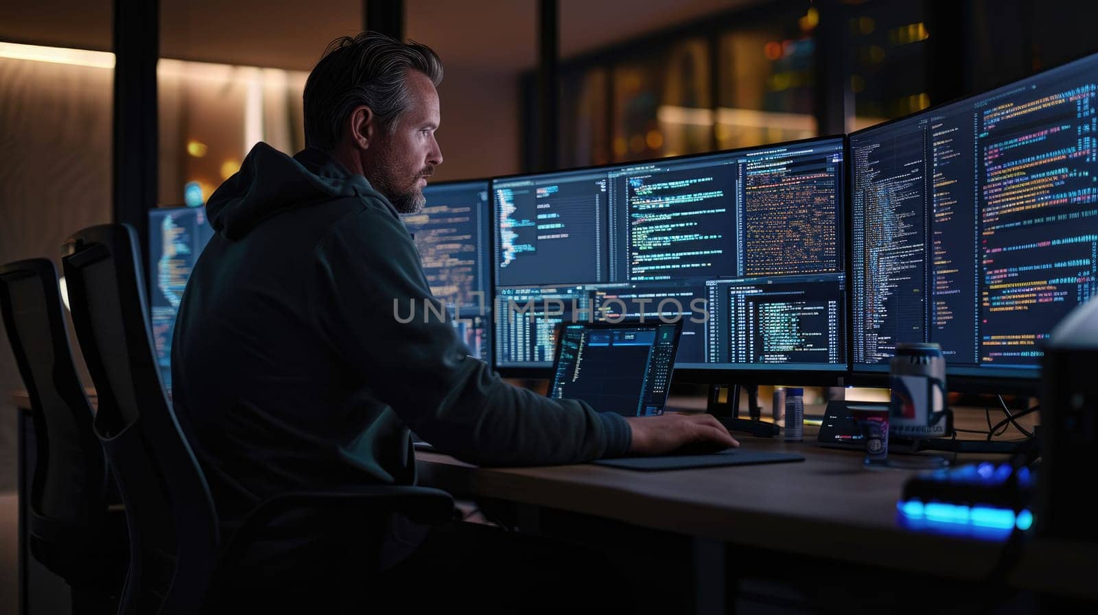 Side view of professional software developer coding program or engineering prompt. Skilled programmer typing computer and laptop while developing system with blurring background. Technology. AIG42.