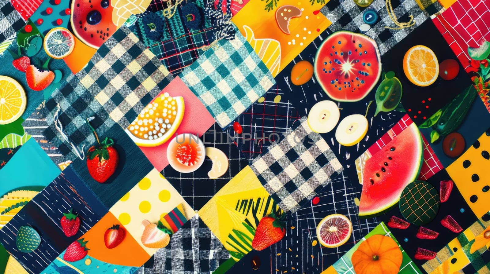 A picnic spread with tableware, fruit, and flowers on a plaid blanket. Enjoy natural foods, vegetable dishes, and a beautiful outdoor event AIG50