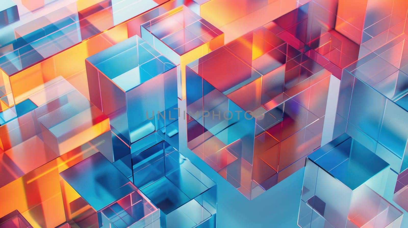 3D rendering of blue and orange glass cubes of various sizes AIG51A.