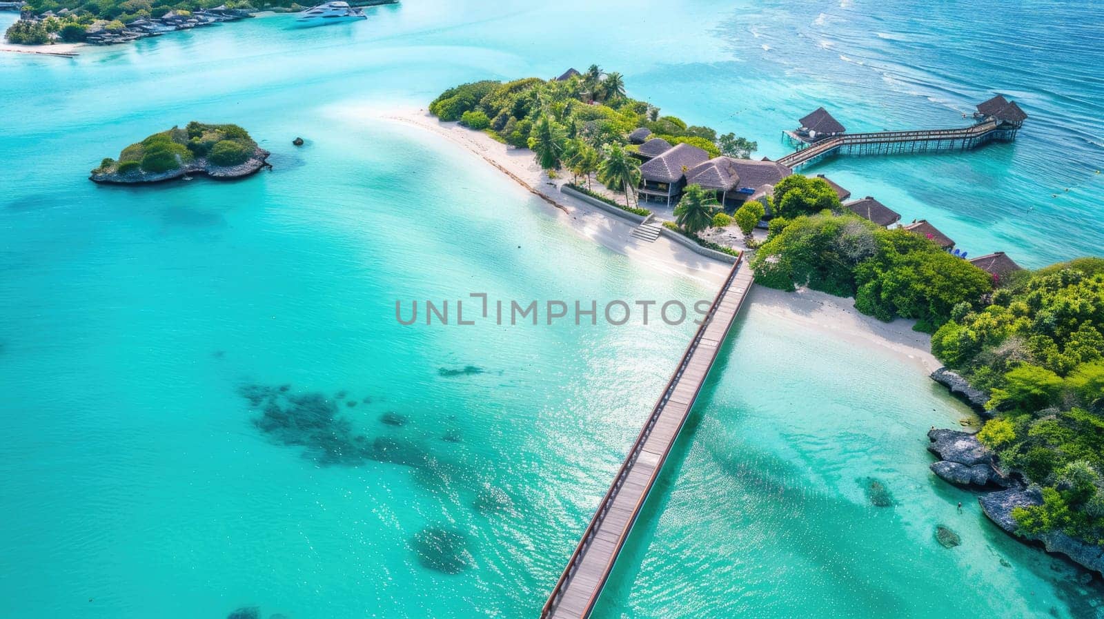An aerial view of a tropical island showcasing a dock extending into the aqua water leading to a beautiful beach surrounded by lush green trees and natural landscape AIG50