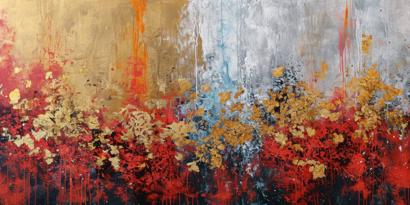 The abstract picture of the gold, red and grey colour that has been painted or splashed on the white blank background wallpaper to form the random shape that cannot be describe yet beautiful. AIGX01.