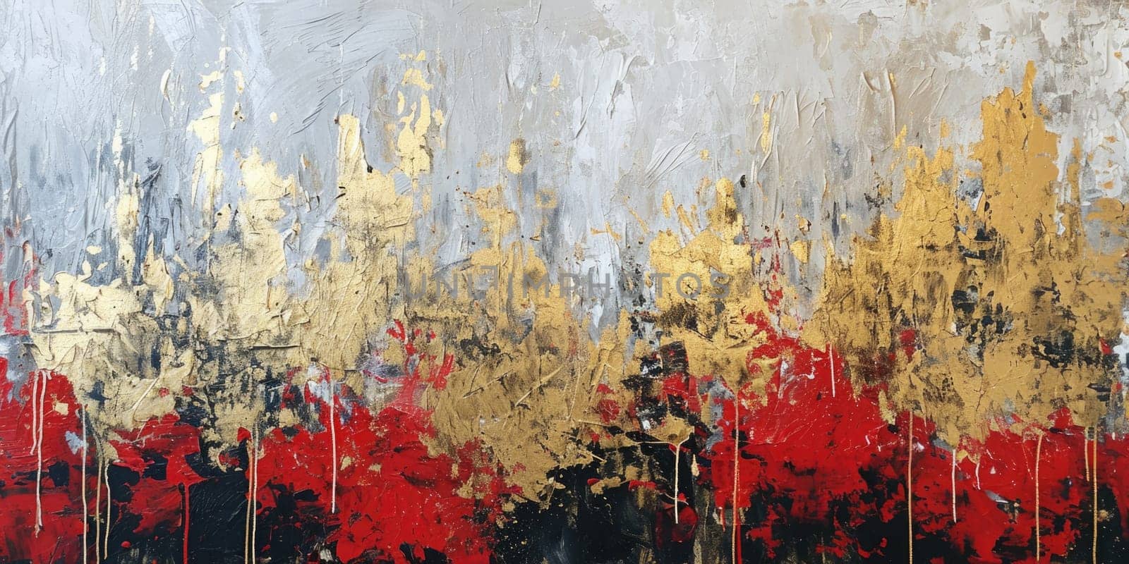 The abstract picture of the gold, red and grey colour that has been painted or splashed on the white blank background wallpaper to form the random shape that cannot be describe yet beautiful. AIGX01.