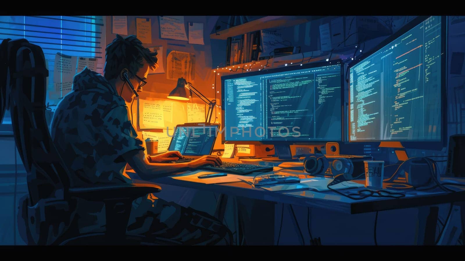 Attractive professional software developer coding program or engineering prompt. Skilled programmer typing computer and laptop while developing system with blurring background. Technology. AIG42.