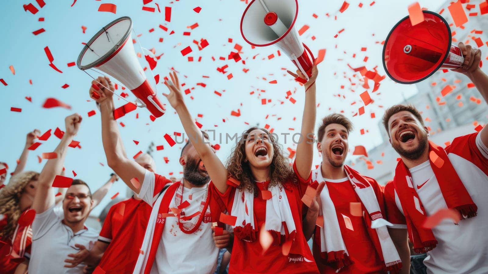 A cheerful group of individuals wearing red shirts are celebrating with confetti and a megaphone, bringing fun and entertainment to the event, while holding a membranophone and smiling in joy. AIG41