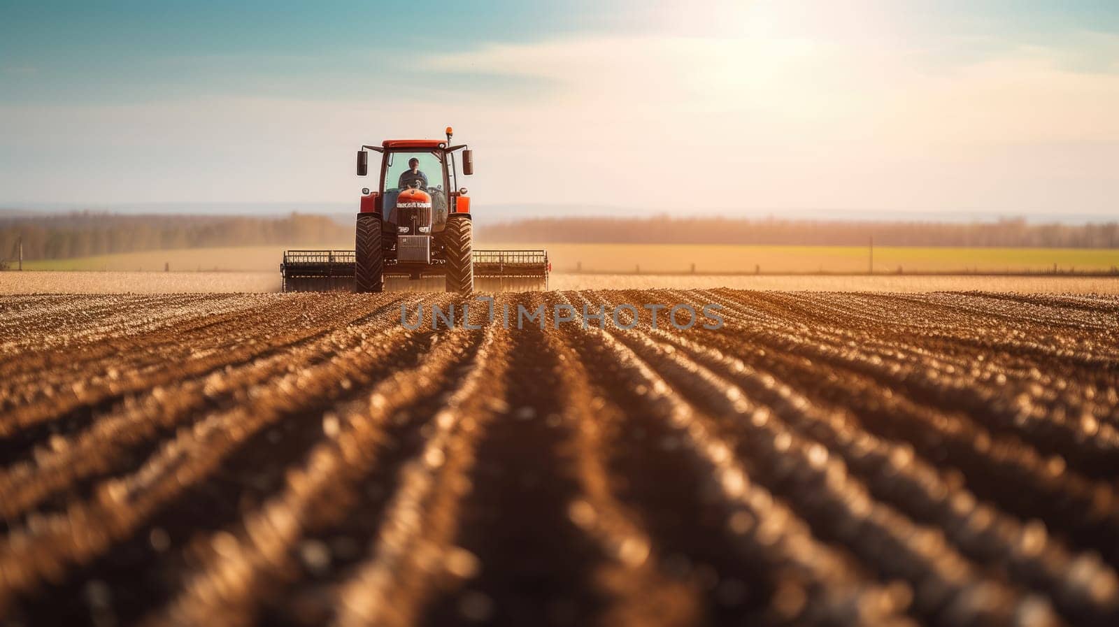 A modern tractor plows through an expansive agricultural field, preparing the soil for a new planting season under a clear sky. AIG41