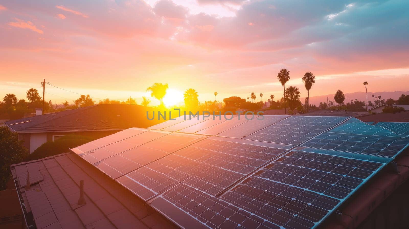 The sun sets behind a residential area equipped with solar panels, highlighting sustainable energy solutions in a suburban setting. AIG41