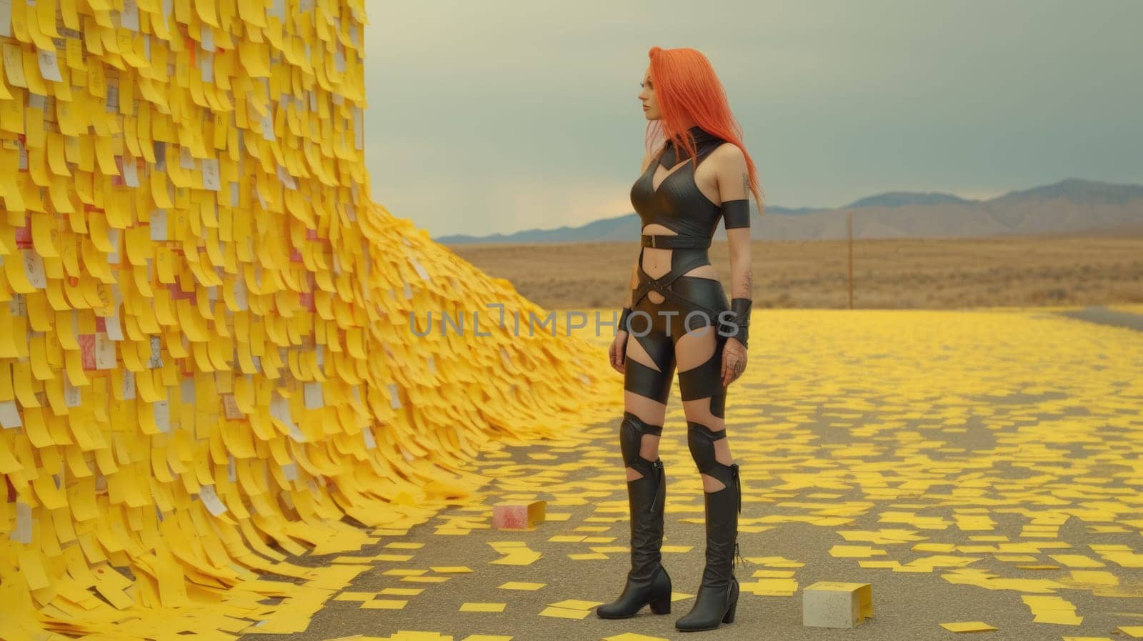 A woman in a black leather outfit standing in front of a large wall made of yellow sticky notes. AIG51A.