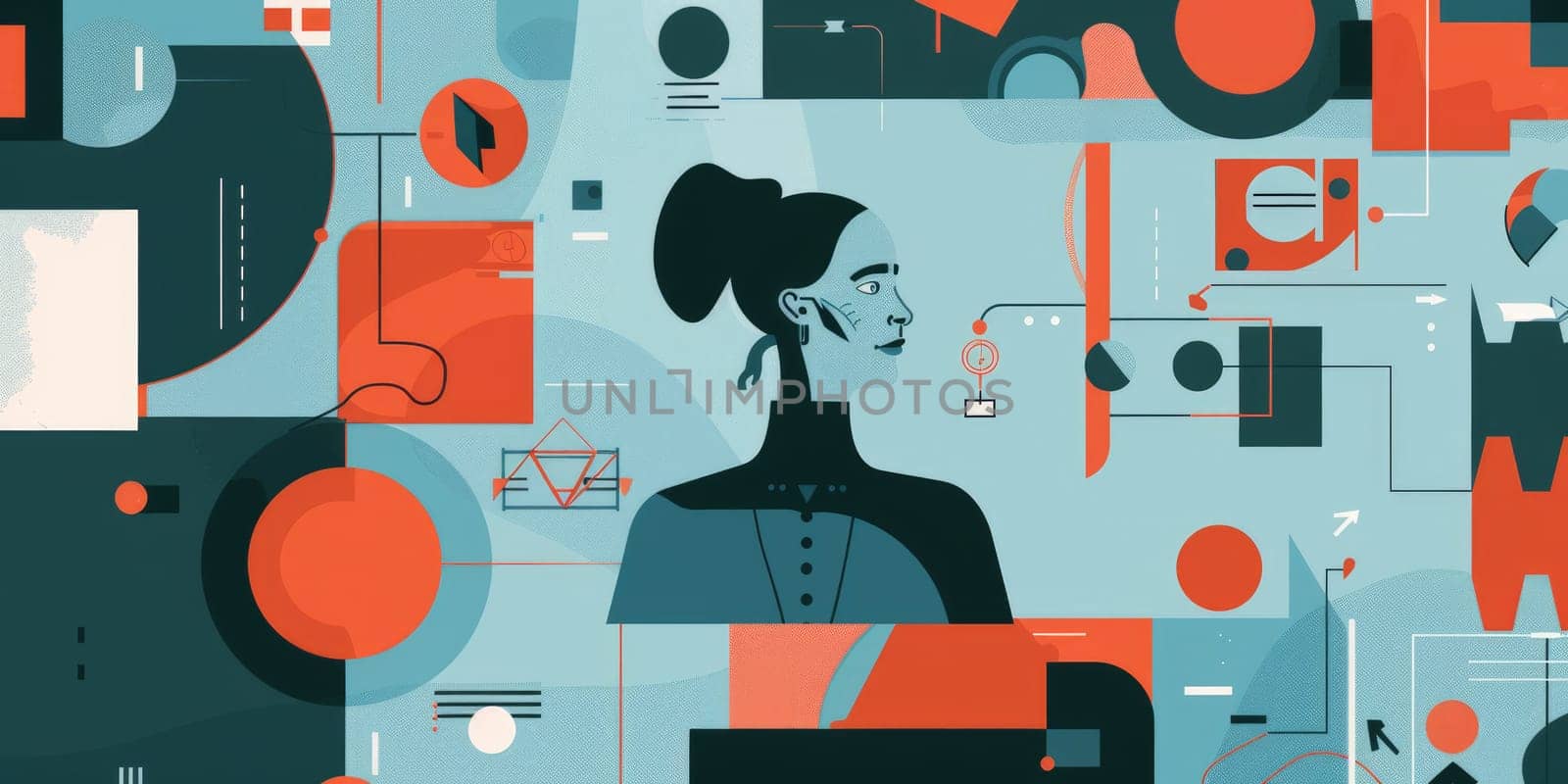 A woman standing in front of a blue background with orange and red shapes. The woman is wearing a blue suit. AIG51A.