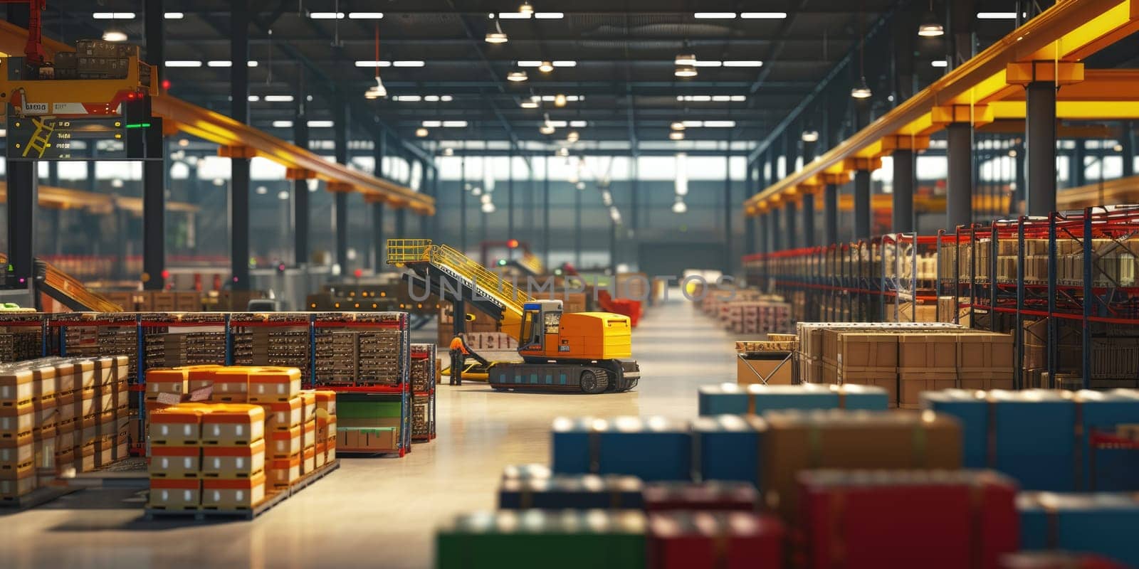 Photography of warehouse worker working and checking quality of material and carrying and delivery at storage. Industrial worker looking and inspecting at product. Logistic operation concept. AIG42.