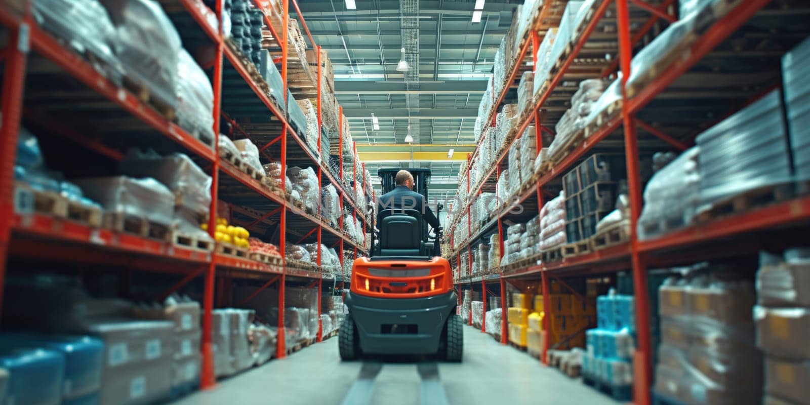 Smart warehouse worker or operator driving forklift and lifted product surrounded with box at storage. Professional engineer working in ware house while using machine carry or transport box. AIG42.