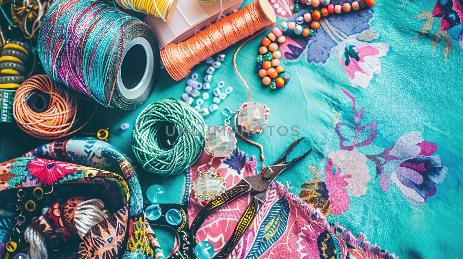 A textile table is decorated with yarn, beads, scissors, and flowers. The aqua, electric blue, and magenta colors create a vibrant artistic display of creative arts and patterns AIG50