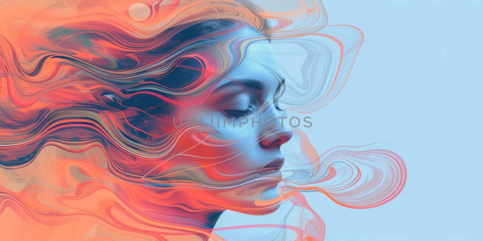 Portrait of relaxing young beautiful woman drawing and painting with watercolor and ink. Abstract modern art of female or girl face blending and drafting with color pencil. Famine and beauty. AIG42.