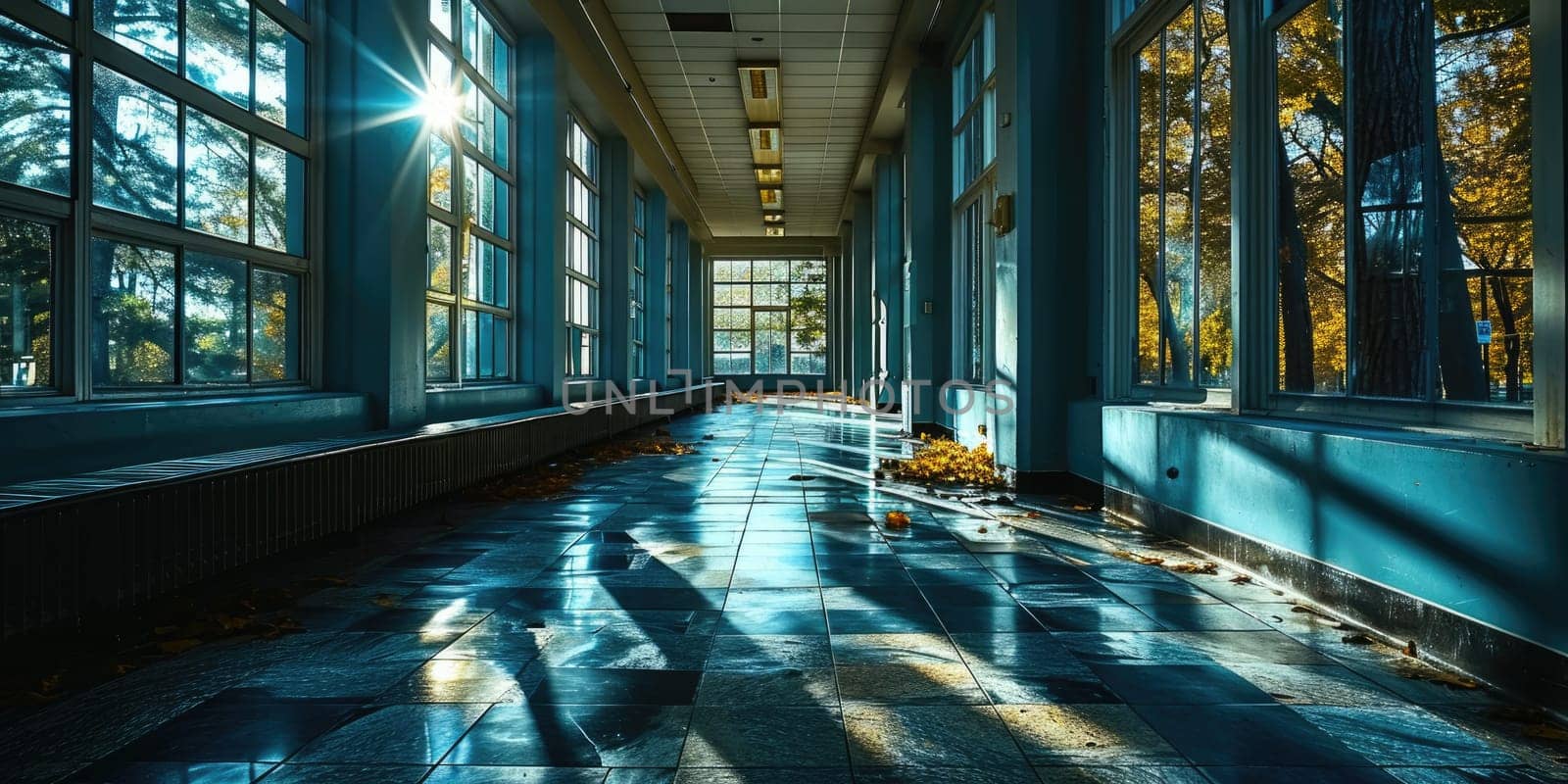 The great long hallway that stay inside the architecture that similar to the hospital with a green tree that stay on the shiny cleaned floor that reflect a light in the brightest morning day. AIGX03.