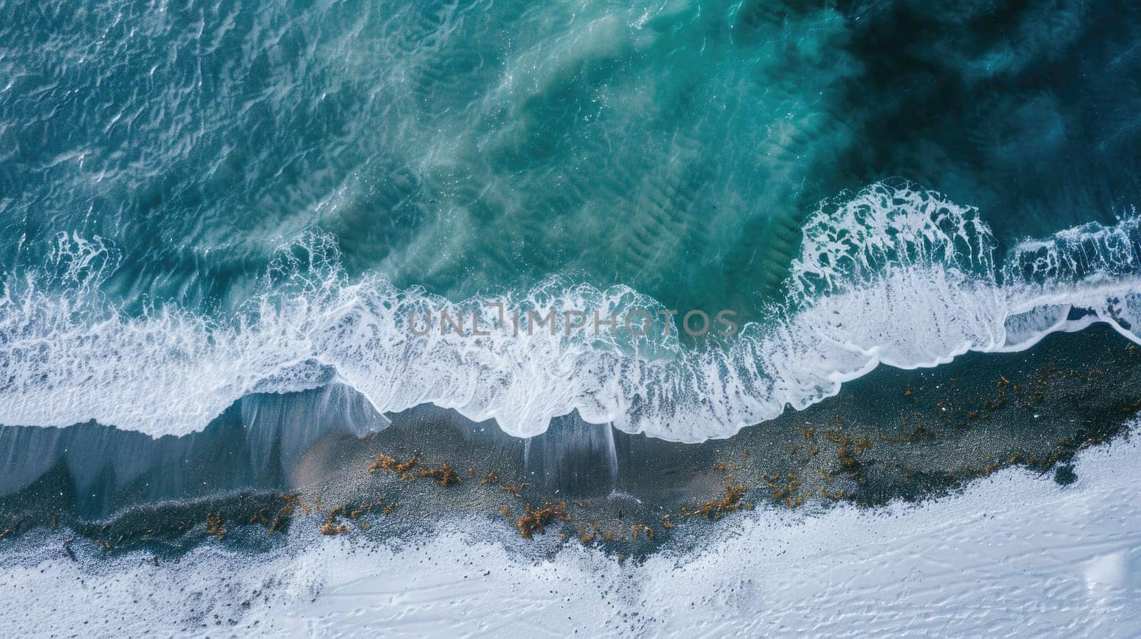 An aerial perspective of a frozen snowy cliff meeting the azure waters of the ocean, showcasing the beauty of this natural geological phenomenon AIG50