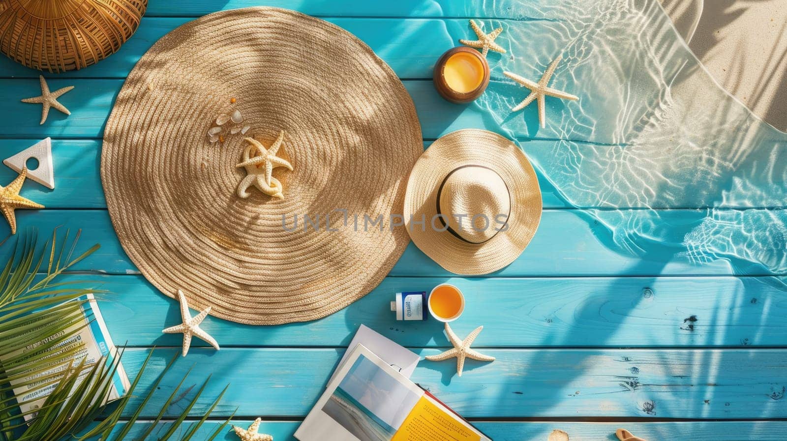 Aqua picnic blanket with an azure round table surrounded by green pillows and a magenta patterned circle. An artistic and electric blue design for a cozy outdoor gathering with a touch of nature AIG50