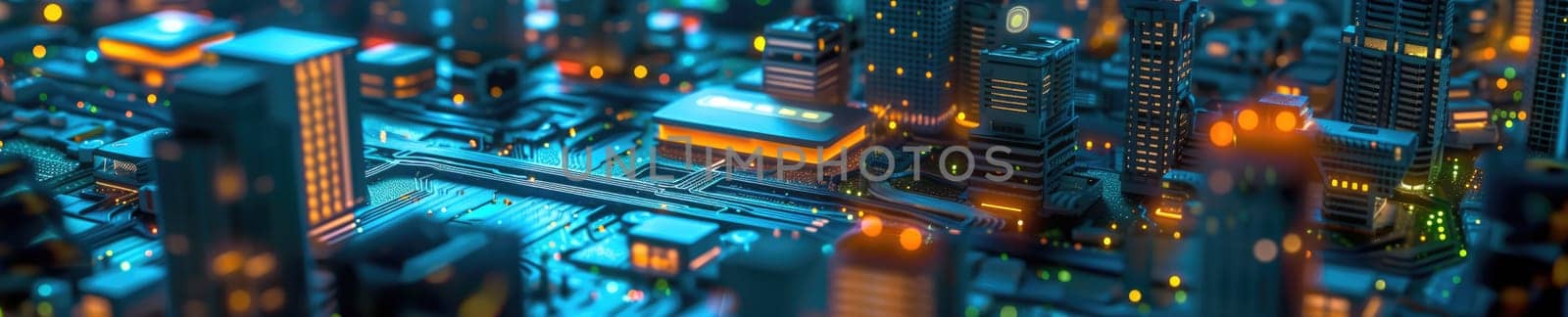 A conceptual visualization of a smart city with glowing structures on a digital circuit board, symbolizing urban technology integration concept. AIG41