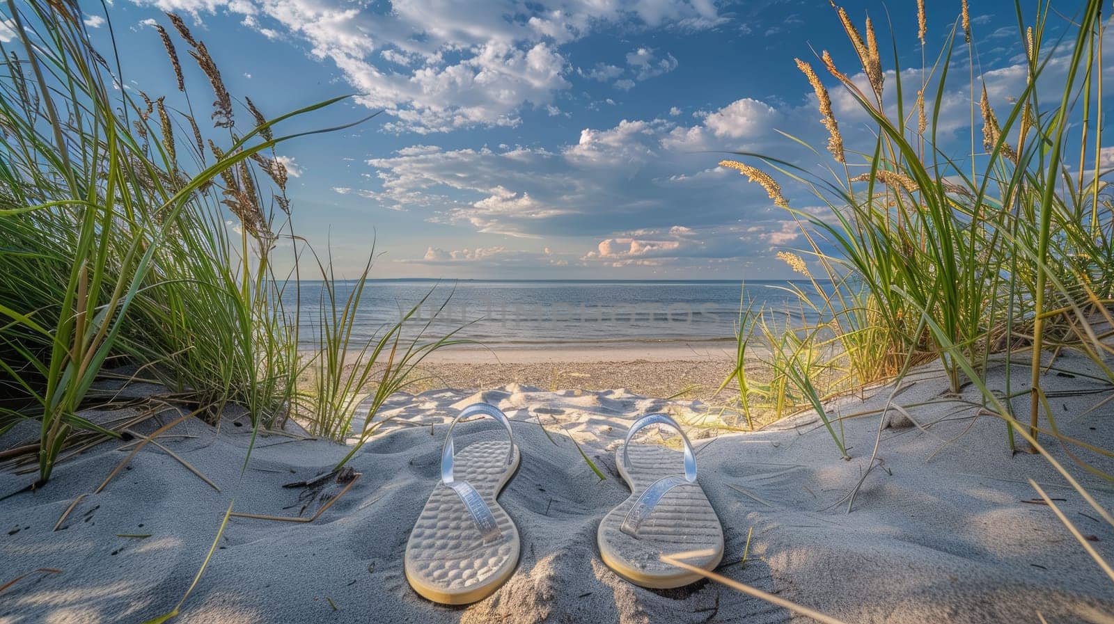A pair of flip flops rests in the sand on a beach at sunset, with water gently lapping nearby and clouds painting the sky in hues of orange and pink AIG50