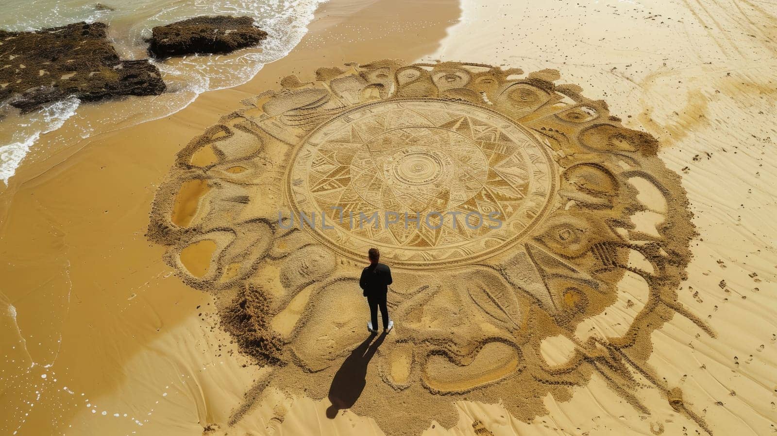 A breathtaking landscape portrayed in a stunning artwork depicting a person on a sandy beach next to the ocean, captured in exquisite detail and depth using wood as the medium AIG50