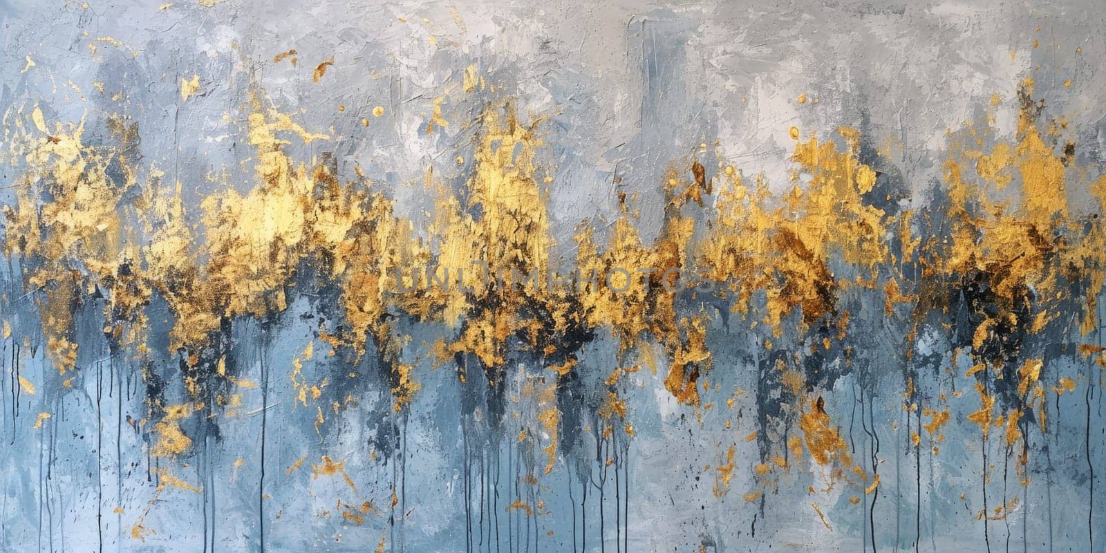 The abstract picture of the gold, blue and black colour that has been painted or splashed on the white blank background wallpaper to form random shape that cannot be describe yet beautiful. AIGX01.