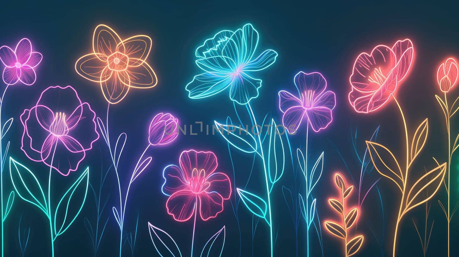 Minimalist neon line art of flower with vibrant and various color and blue background. Each line, glowing with an ethereal luminosity, conveys the essence of petals, stems, and leaves. AIG42.