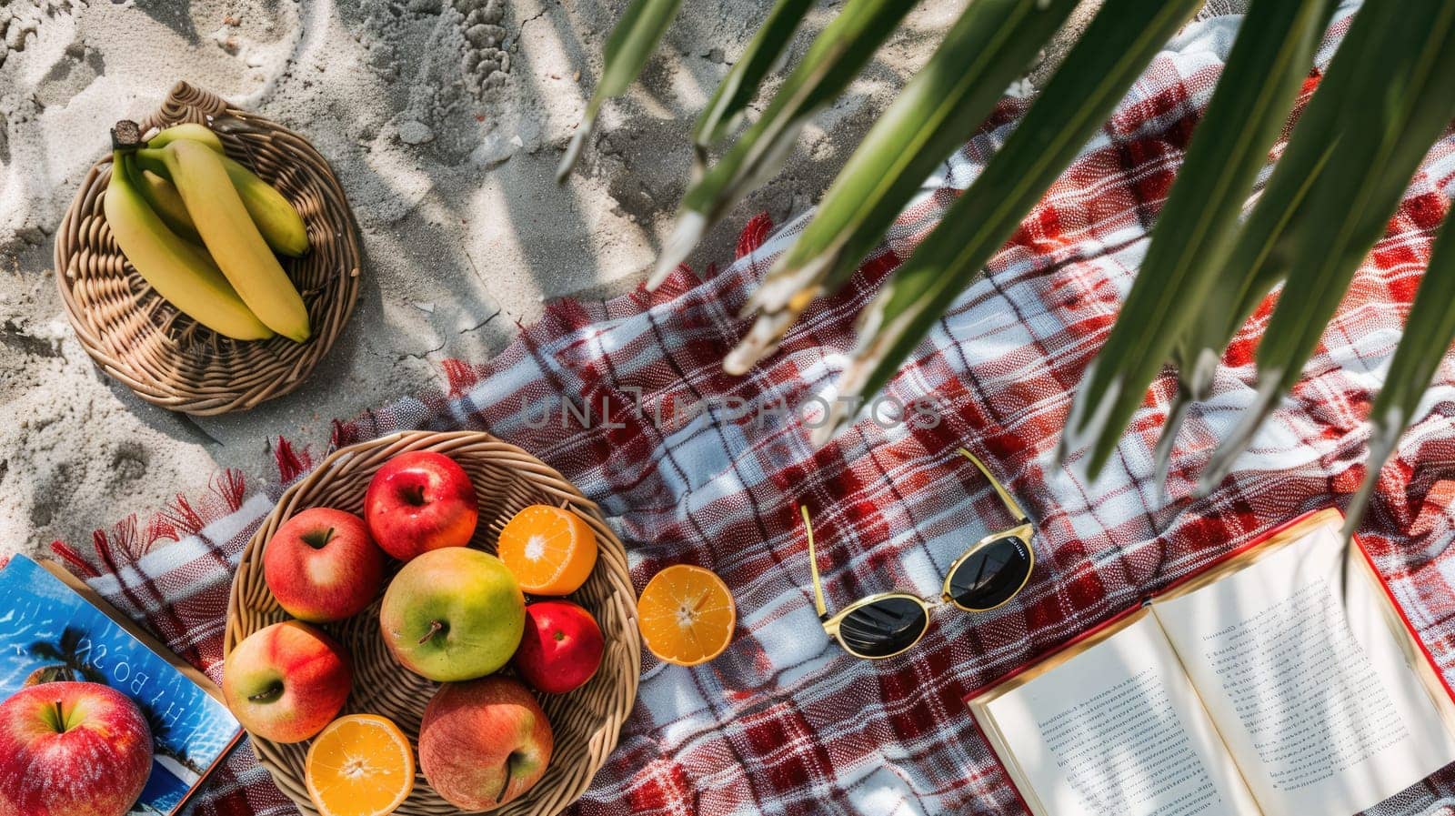 A plantbased picnic blanket with a variety of natural foods and a book on a beach with grass patterns, creating an artistic and relaxing atmosphere AIG50