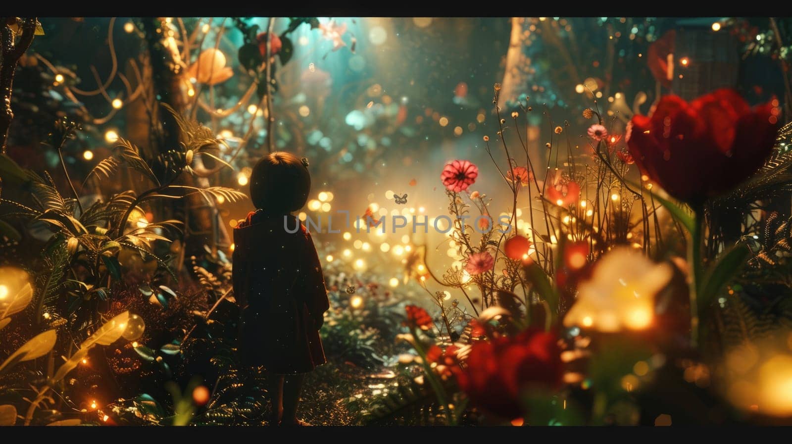 Happy children walking at fantasy forest with glowing flower with magical moment surrounded with fantasy animal. Attractive girl walking at enchanted wild garden landscape. Abstract background. AIG42.