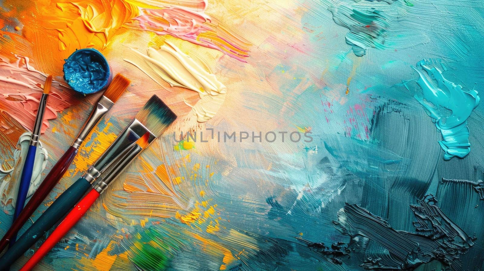 An art piece of a sunset displayed on canvas with paint tubes and brushes on a table. The colors include electric blue, resembling automotive exterior, against a building backdrop reflecting on water AIG50