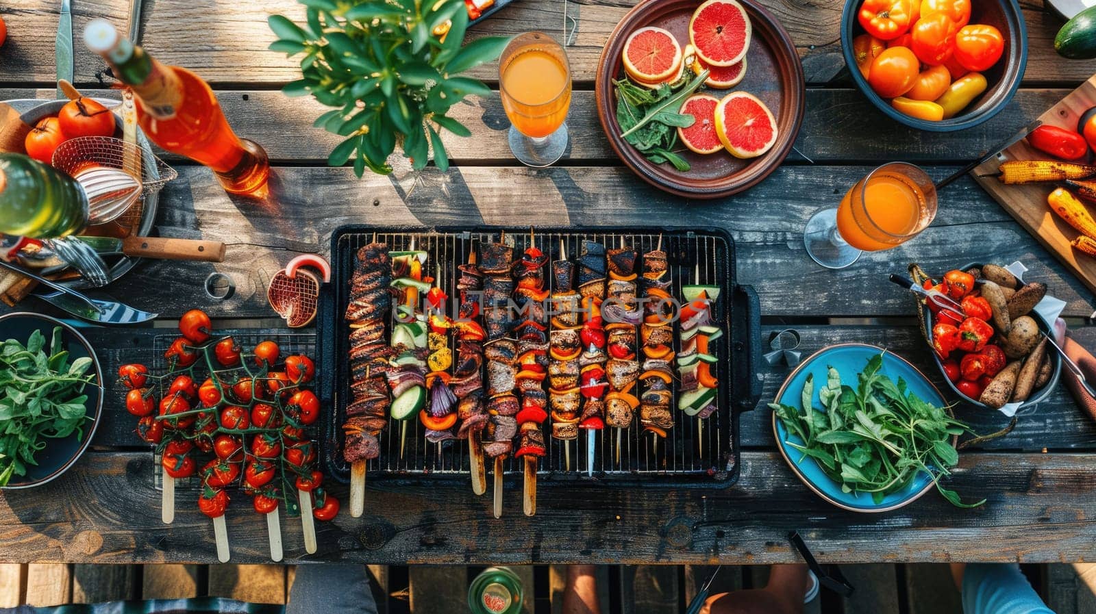 A table set with natural foods, a bottle of wine, and plates of cuisine on a grassy roof overlooking a beautiful natural landscape for an outdoor event AIG50