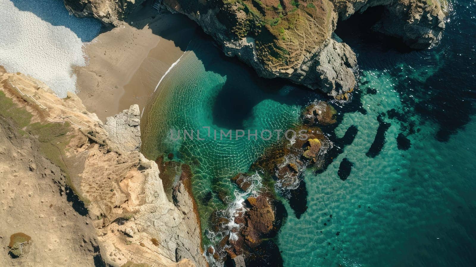 A breathtaking aerial view of a water body encircled by rocks, with green grass and trees creating a stunning natural landscape resembling a painting AIG50