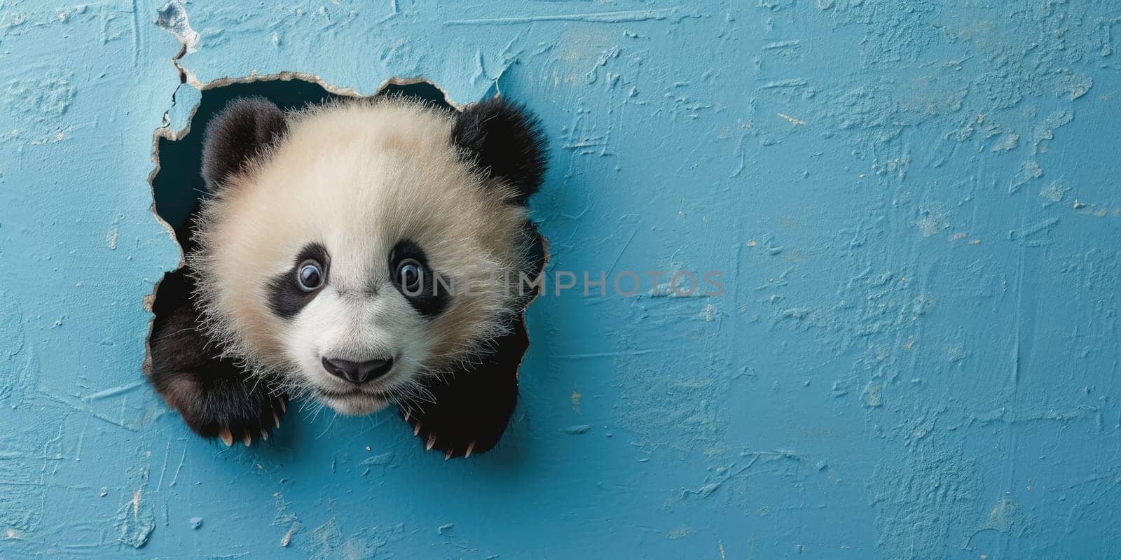 Close up view picture of the hollow blue hole on the the wall that show the panda stay inside the wall that has been made from some material yet still can be break to look through other side. AIGX03.