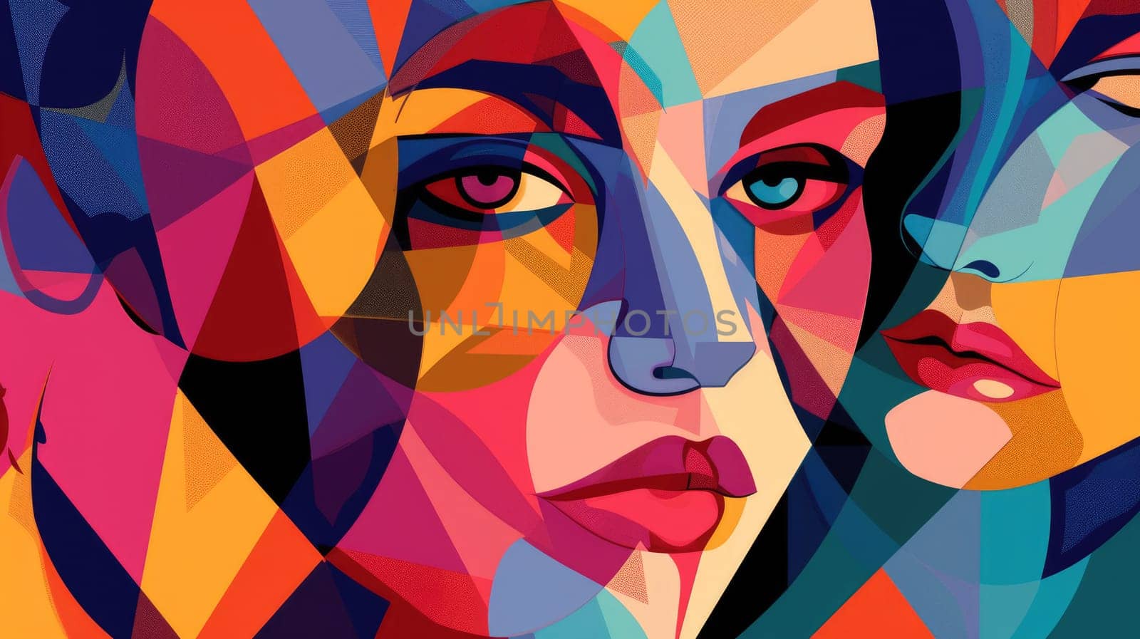 Abstract image of female human face looking at camera in cubism style. Portrait artistic image of beautiful cute woman with red lip with colorful color. Digital artwork concept. Focus on face. AIG42.